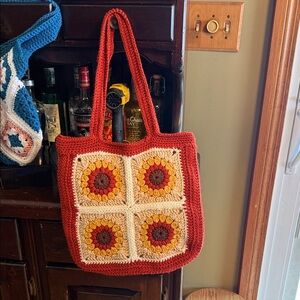 Handcrafted Red and Cream Crochet Tote Bag